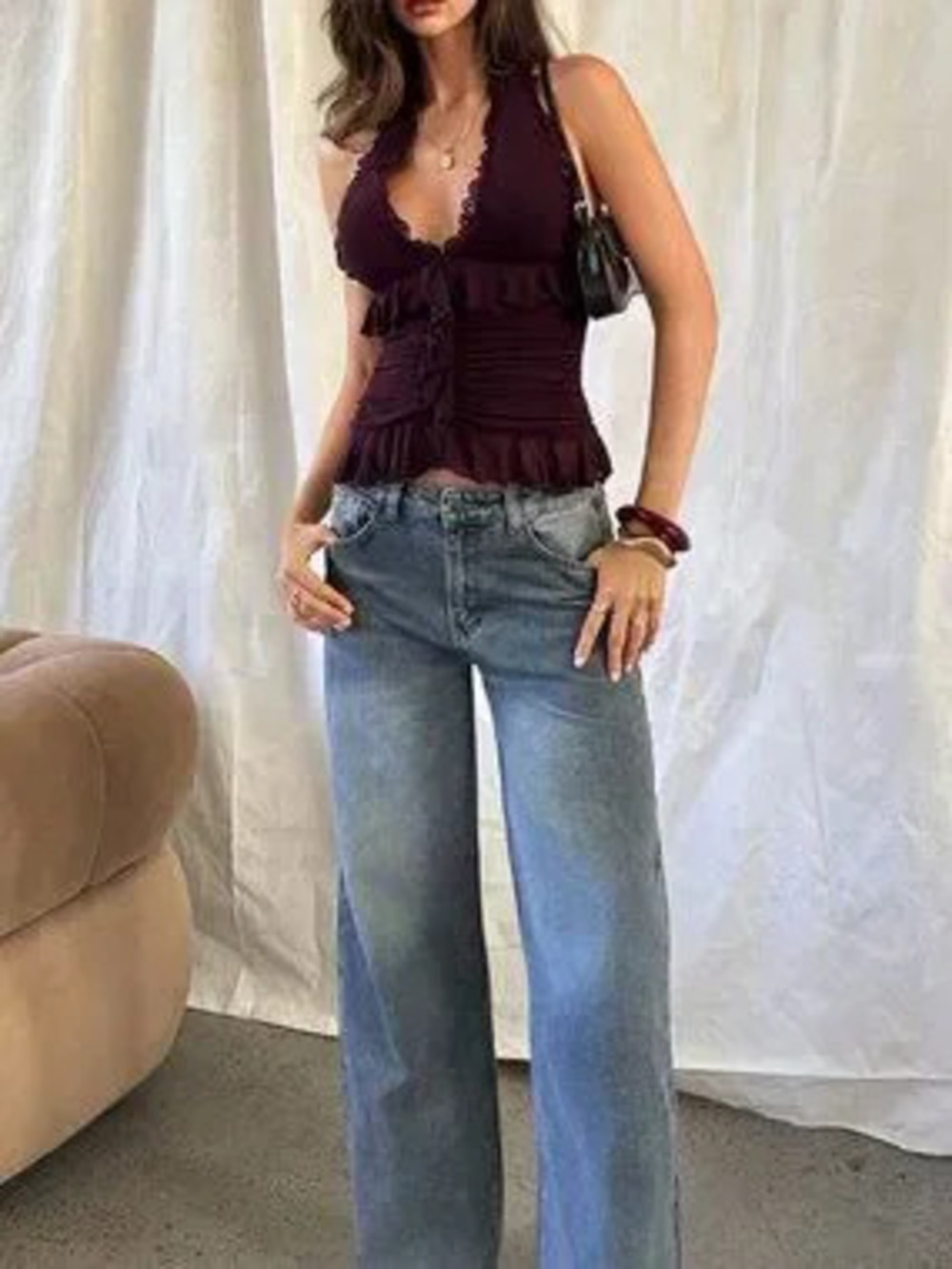 Purple Y2K Romantic Women's Ruffle V-Neck Sleeveless Knit Tank Top